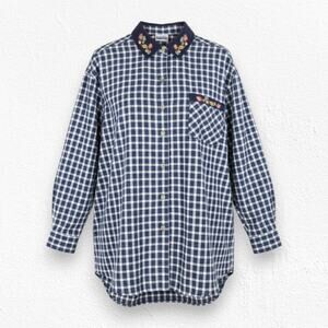 Y2K Basic Editions Fall Embroidery Gingham Shirt Navy Plaid Button Up Size Large